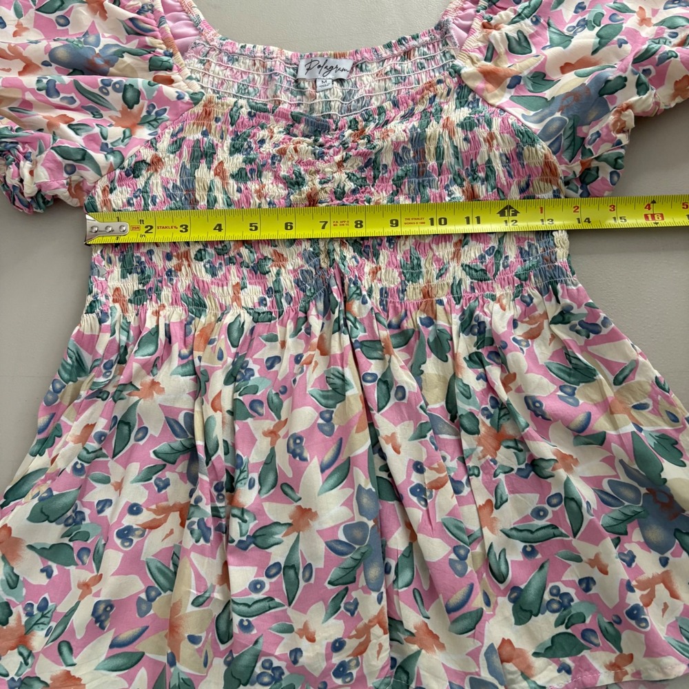 Polagram Floral Smocked Puff Sleeve Women's Top Pink Green Medium Summer - Picture 4 of 10